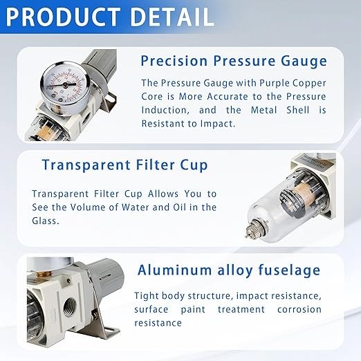 1/4" NPT Compressed Air Filter Regulator Combo, 5 Micron Brass Filter
