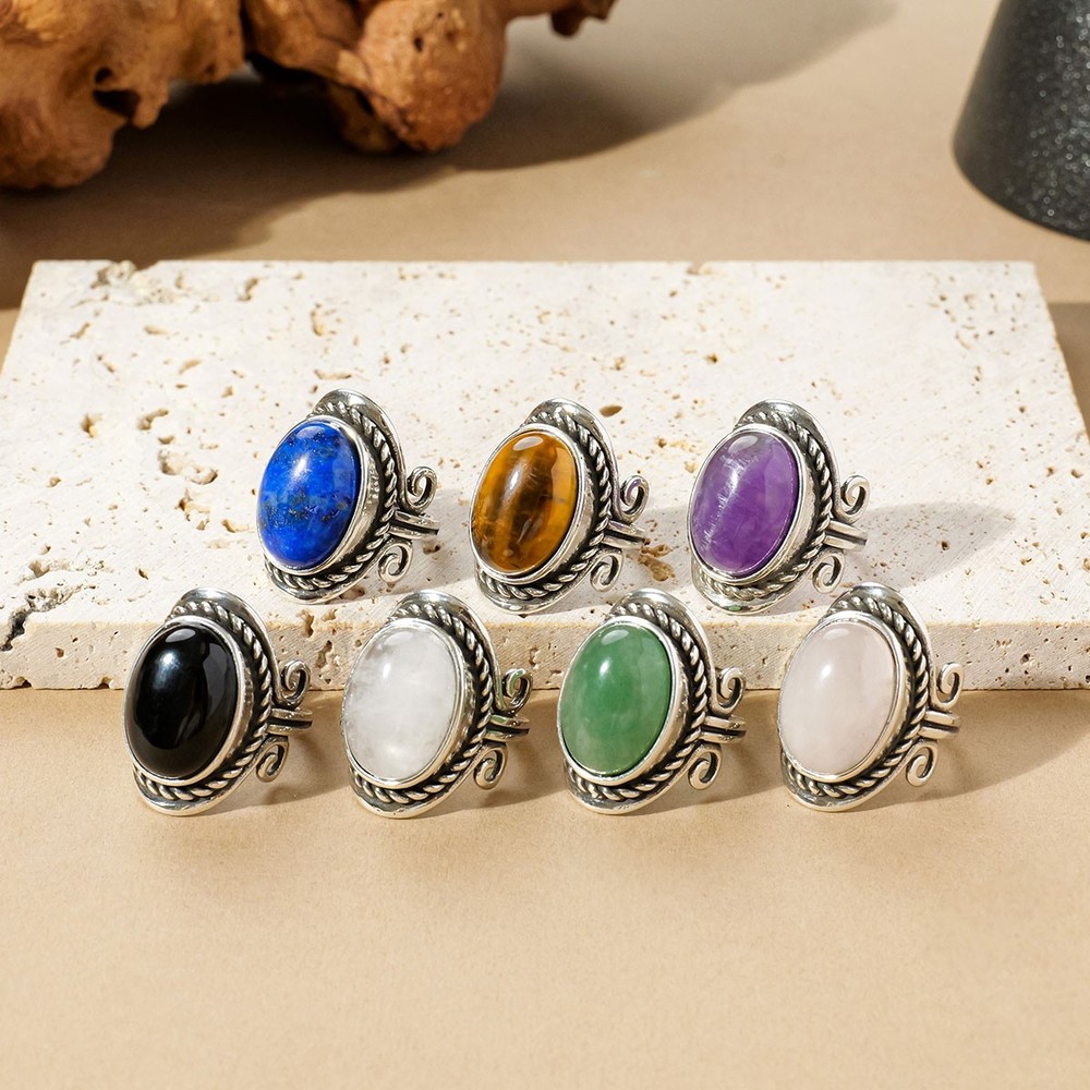 7Pcs Boho Vintage Gemstone Ring Set Antique Silver Healing Crystal Adjustable