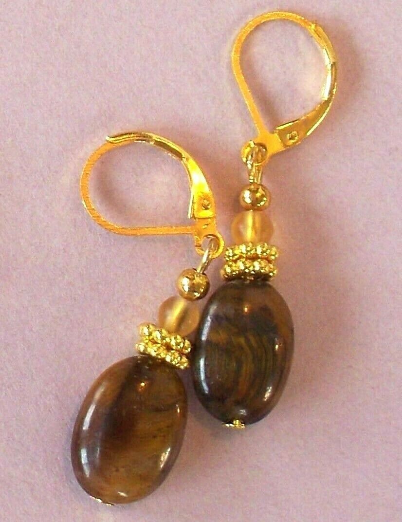 TIGER EYE oval frosted Crystal earring GP handcrafted LEVERBACK XX
