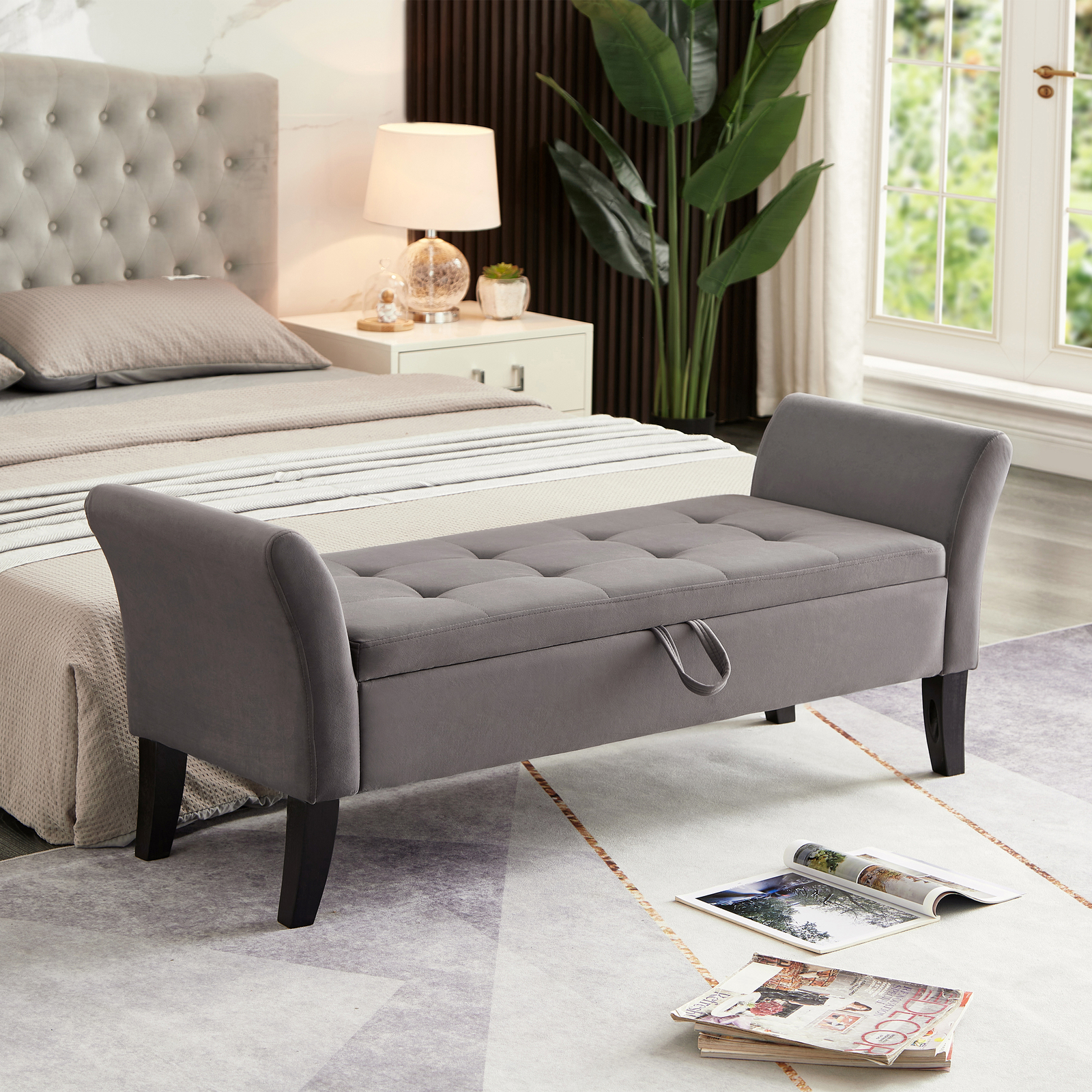 52" Storage Bench Upholstered Ottoman Bench with Arms Velvet Button-Tufted Bench