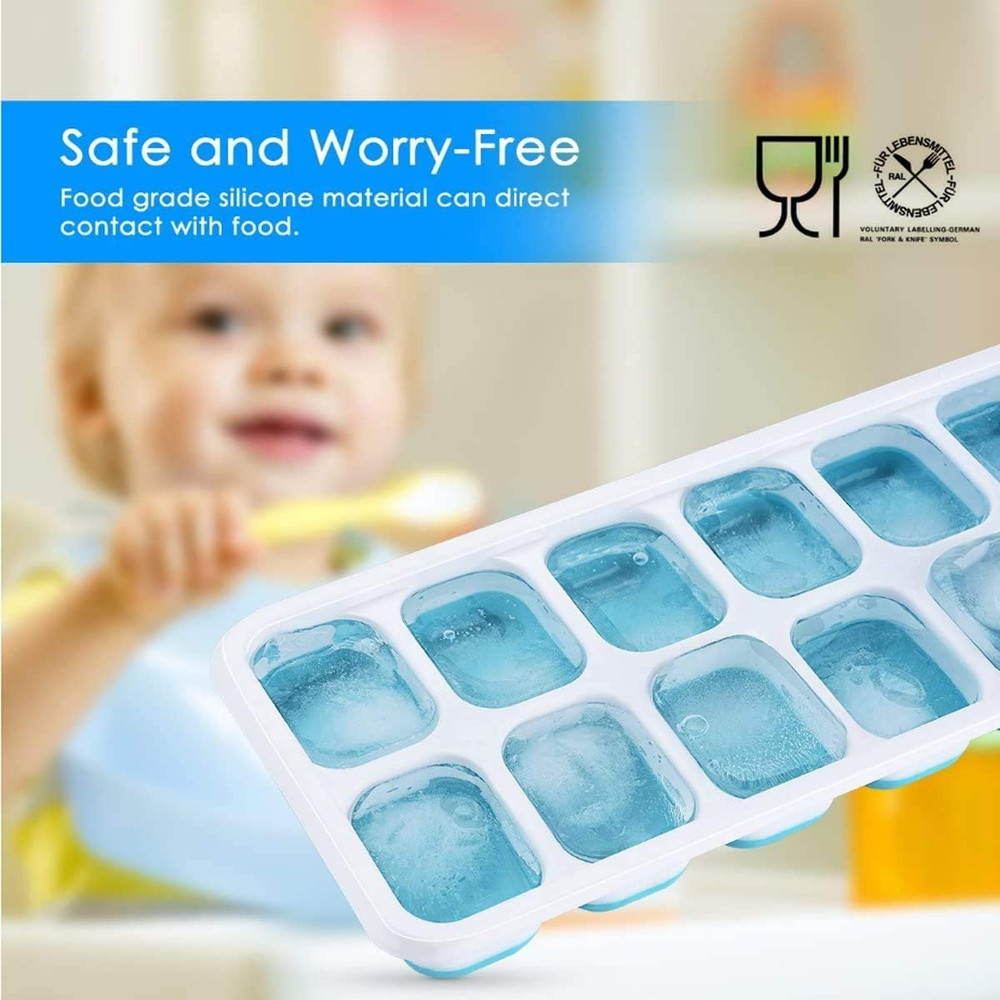 Ice Cube Trays Silicone 2 Pack & Lid Easy Release Stackable BPA Free Durable