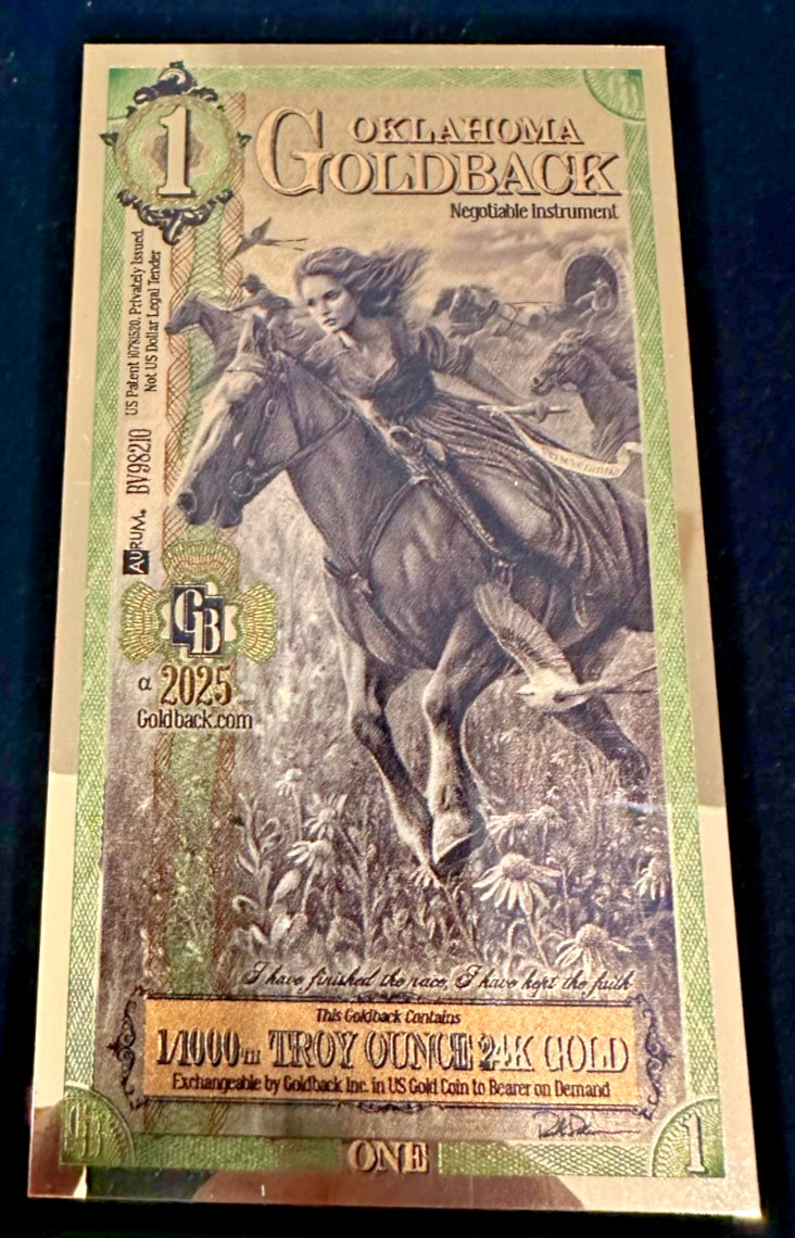 2025 - 1 OKLAHOMA Goldback Aurum Gold Foil Note 1/1000 oz 24kt .999 Fine