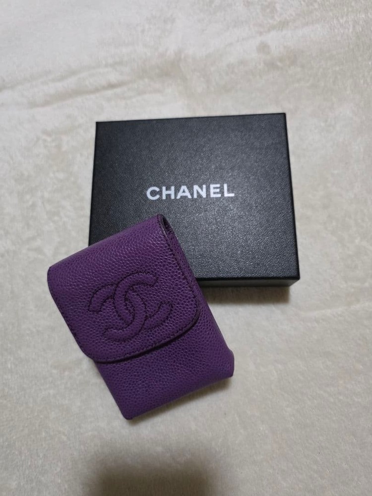 CHANEL Purple Violet Cigarette Case Leather Coco Mark Snap Button Used