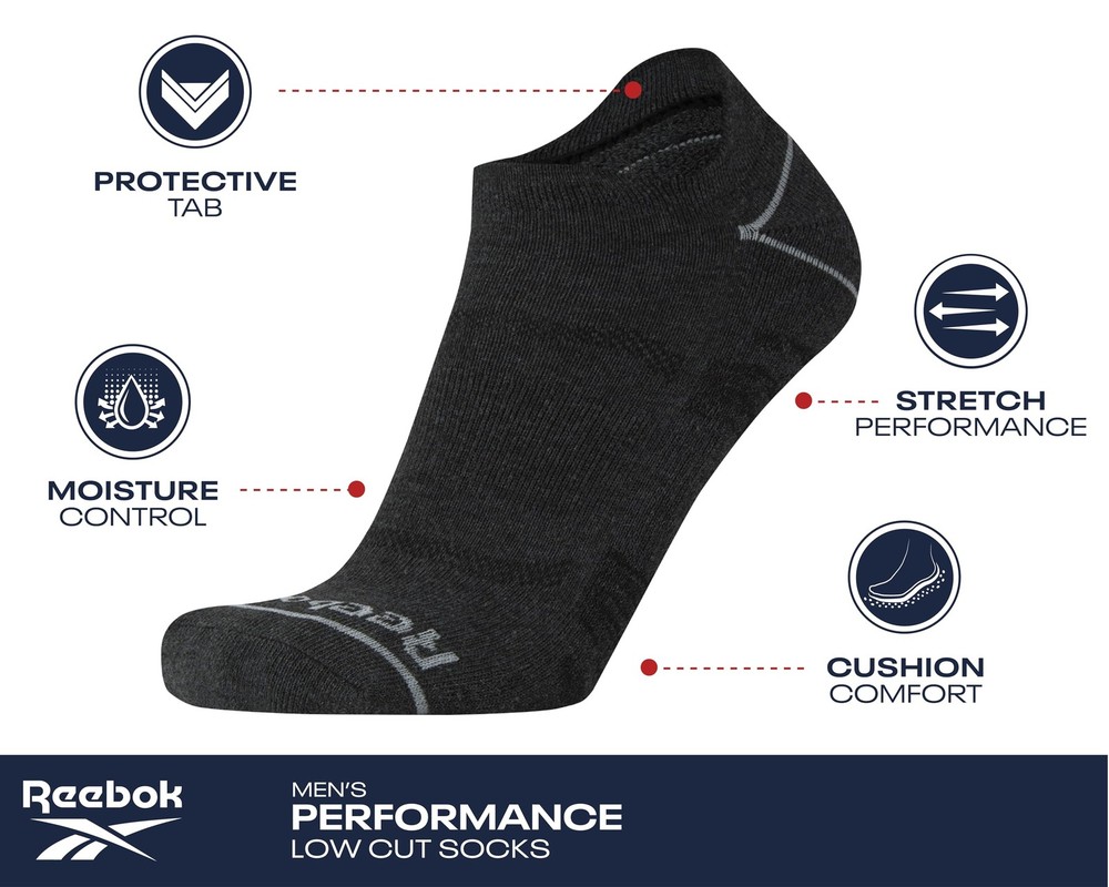 Reebok Mens Low Cut Socks - 8 Pack Stretch Performance Basic No Show - Flat Athl