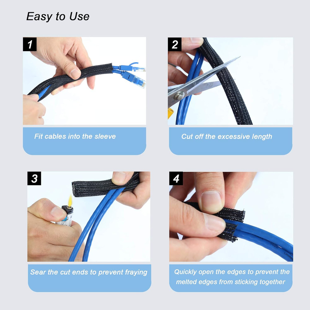 25Ft - 1/2 Inch Braided Cable Management Sleeve Cord Protector - Self-Wrapping S