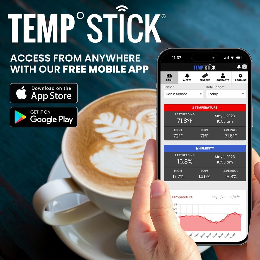 Temp Stick Remote WiFi Temperature & Humidity Sensor. No Subscription. 24/7 M...