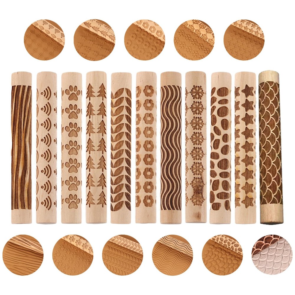 11-Pc Wood Texture Roller Set – Embossed Pattern Clay Rolling Pins & Carved S...