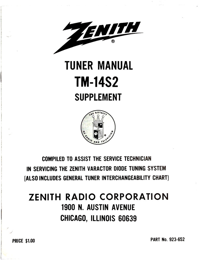 ORIGINAL ZENITH SERVICE MANUAL SUPPLEMENT FOR TUNER TM-14S2