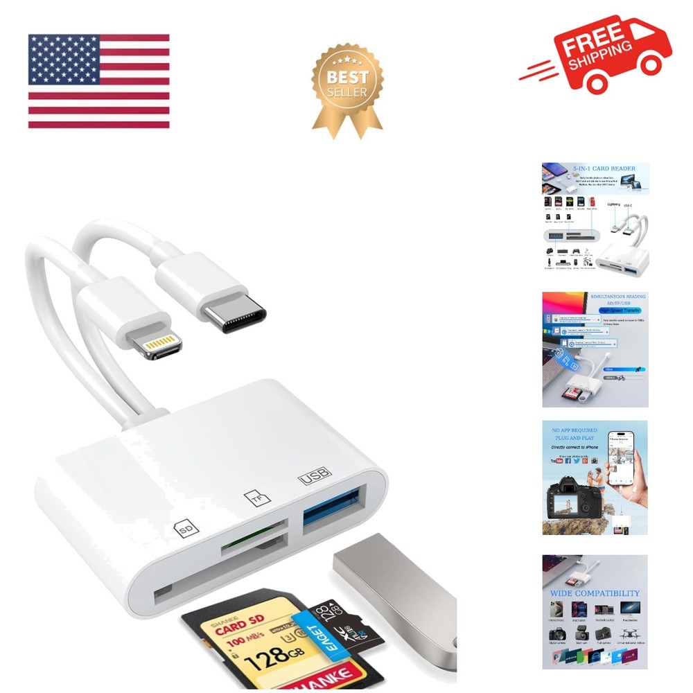 USB C SD Card Reader for iPhone, iPad, Lightning Dual Port SD Card Adapter, M...