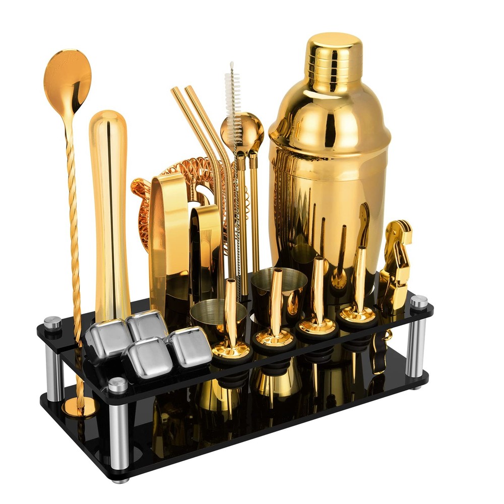 Cocktail Shaker Set Bartender Kit Acrylic Stand Bar Tools Gold 23 Pcs