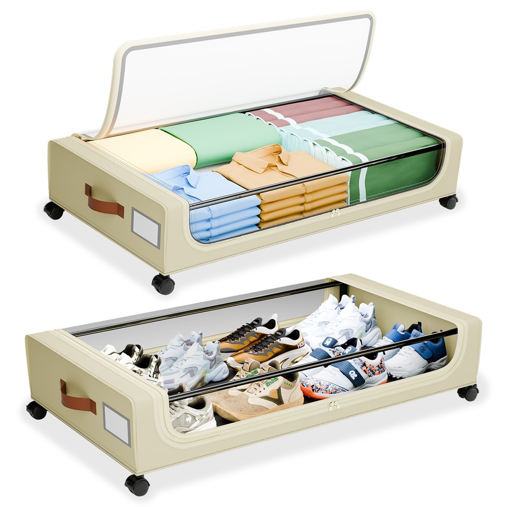 Space Saving Under Bed Clothes Storage 2-Rolling Bins - XL Clear Boxes with Lids