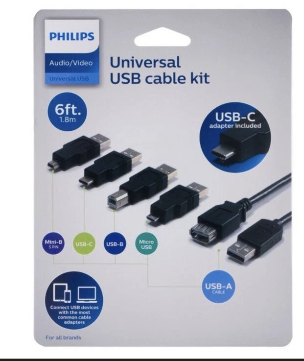 Philips 6' USB 2.0 Universal Kit with USB-C - Black: Micro USB, USB Type-A, USB