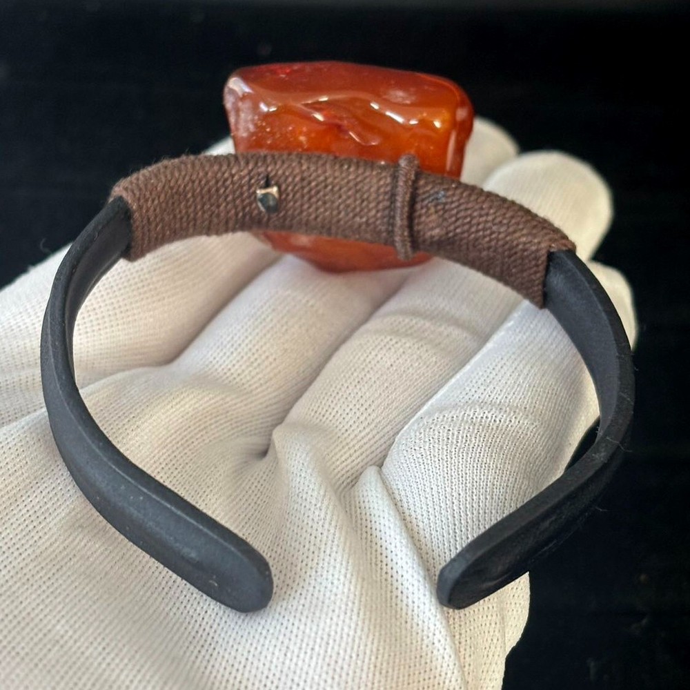 Wine Red Natural Baltic Amber Cuff Bracelet, Leather Bangle Size adjustable