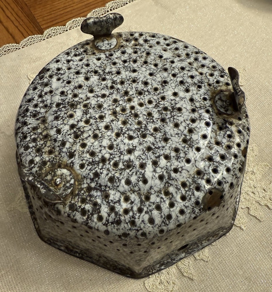 Vintage Small Enamelware Colander - Black and White - Octagonal