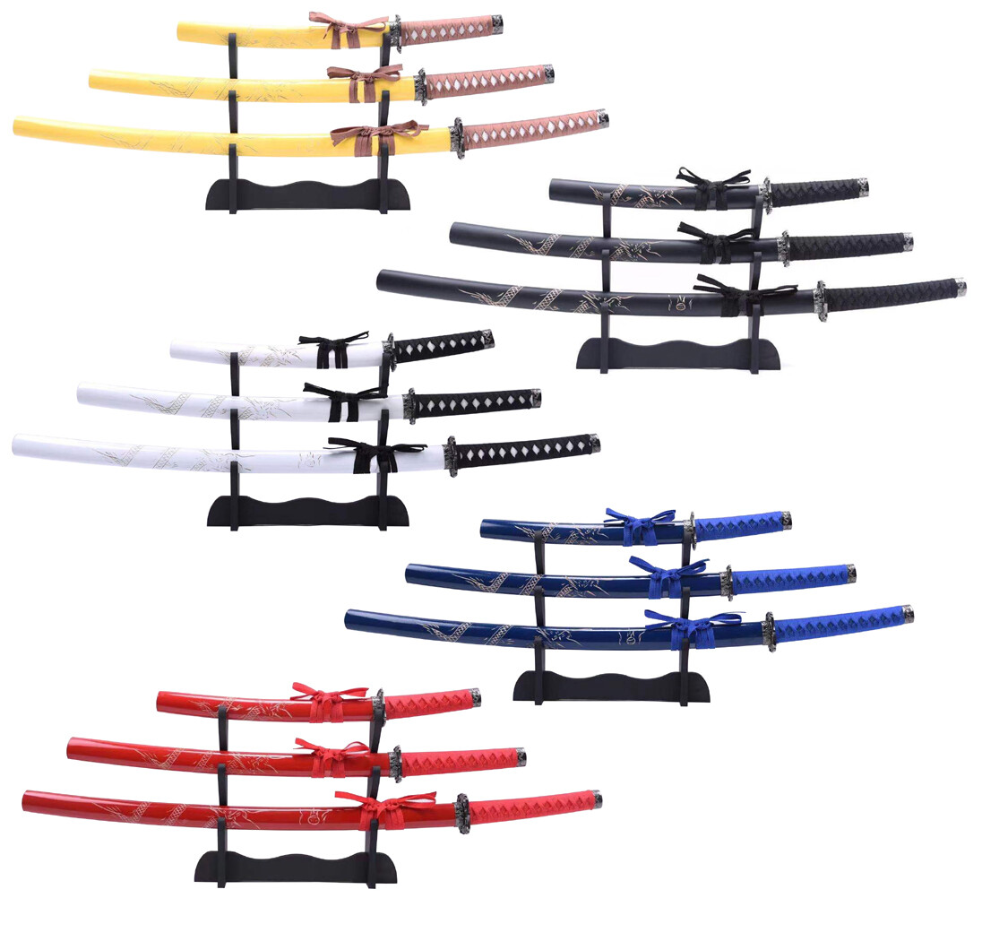 3pc Japanese Samurai Katana Sword Set Dragon Engraved Wooden Sheath w/ Stand Ni