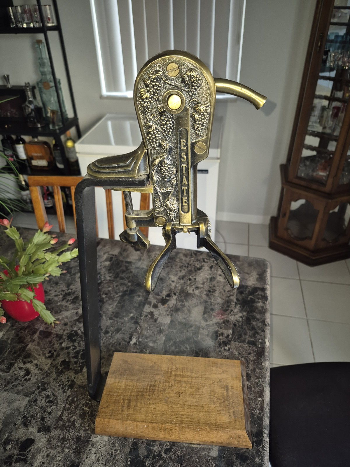 Estate Wine Bottle Corker Table Mount Brass Corkscrew with Wooden Base