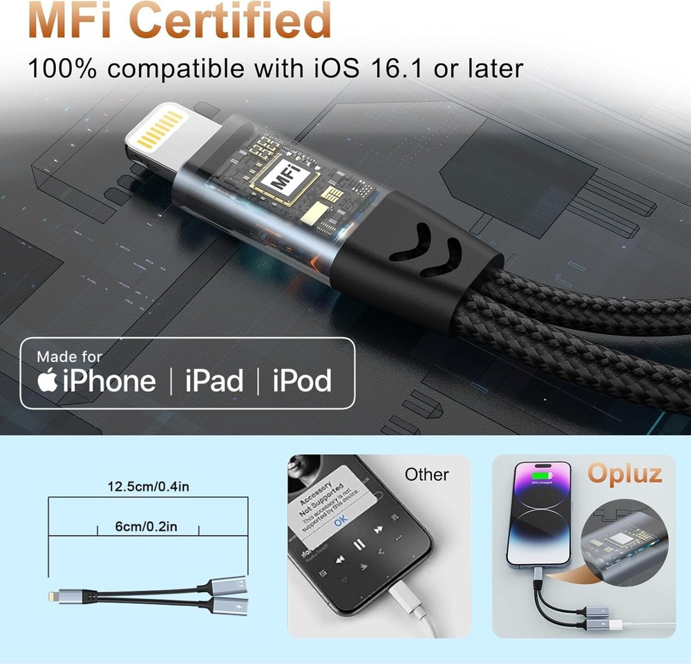iPhone Splitter for Charging & Headphone Adapter to two Lighting MFi-Certified