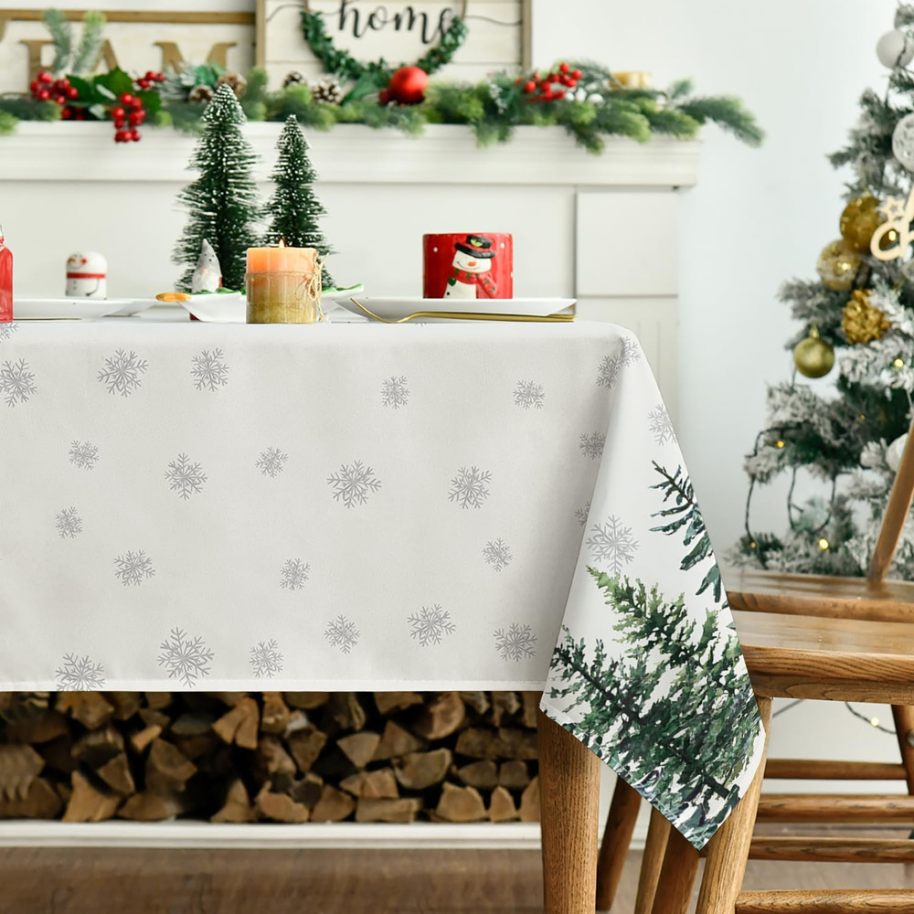 Christmas Tablecloth 60×84 Inch Rectangular, Winter Snow Trees White Washable Ta