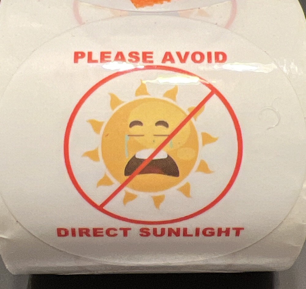 AVOID DIRECT SUNLIGHT 100 Stickers 2” Circle Weather Proof Warning Labels