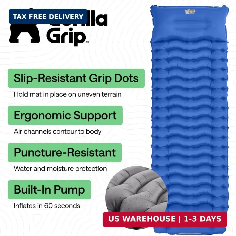 GORILLA GRIP Slip-Resistant Inflatable Sleeping Pad, Puncture Resistant Lightwei