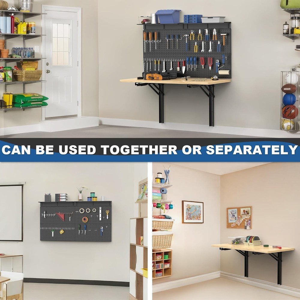 Wall Mounted Workbench with Pegboard, Folding Down Work Table Metal Pegboard ...