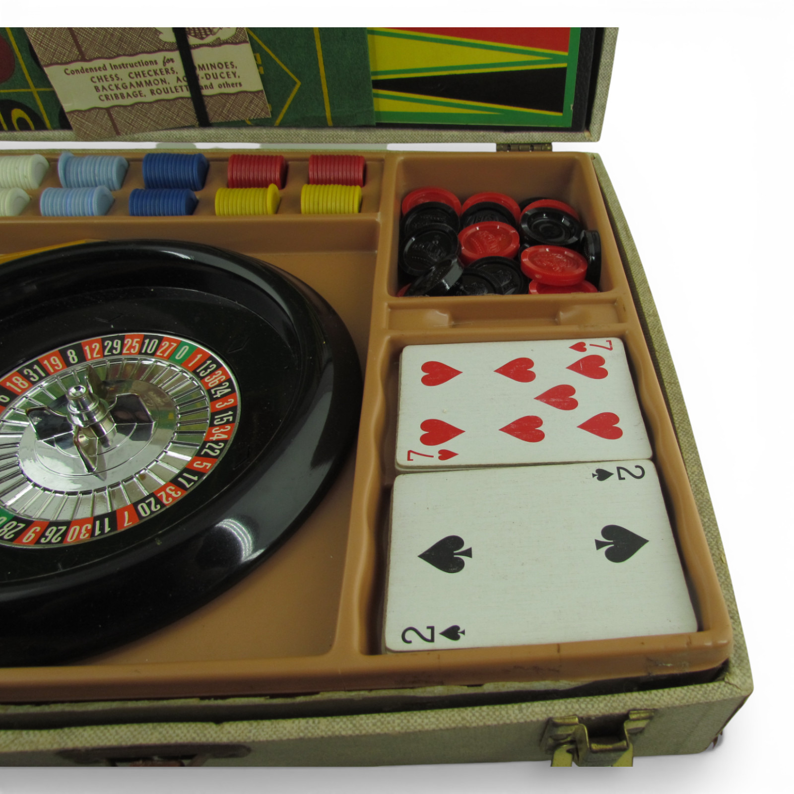 Vintage E.S. Lowe Casino Game Set Roulette Backgammon Board Cards USA Case
