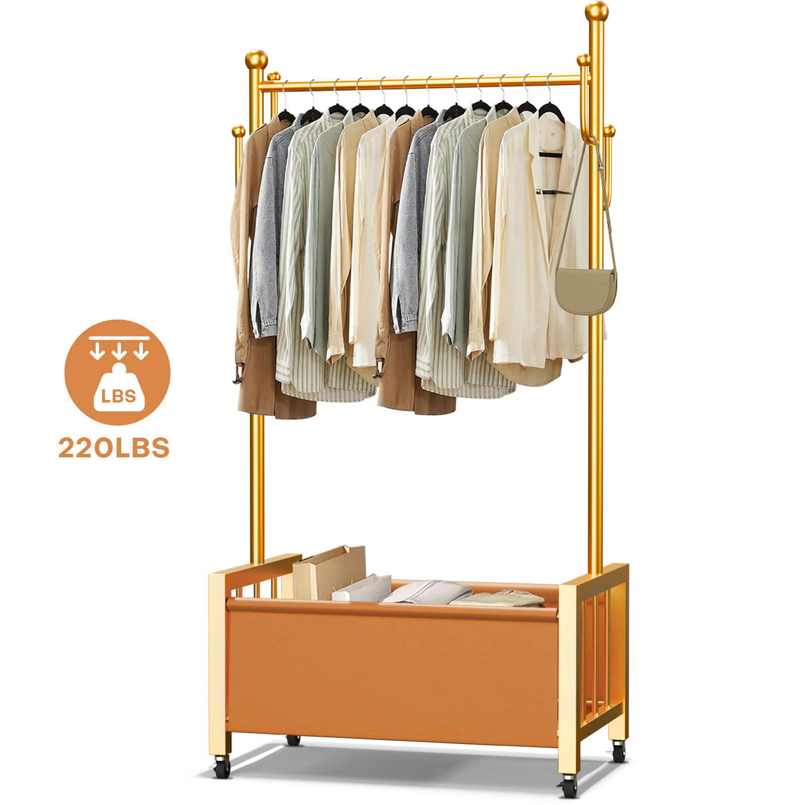 Rolling Garment Rack Organizer with Hanging Rod & Hooks for Small Apartment Dorm