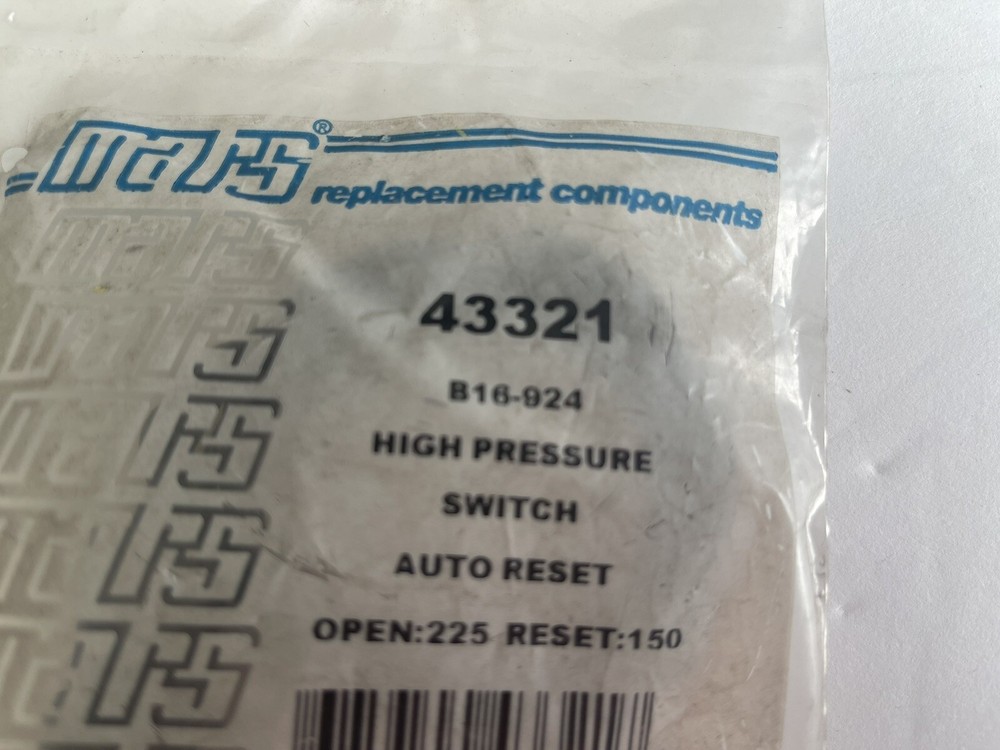 Mars 43321 High Pressure Switch, Auto Reset, Open: 225 Reset: 150