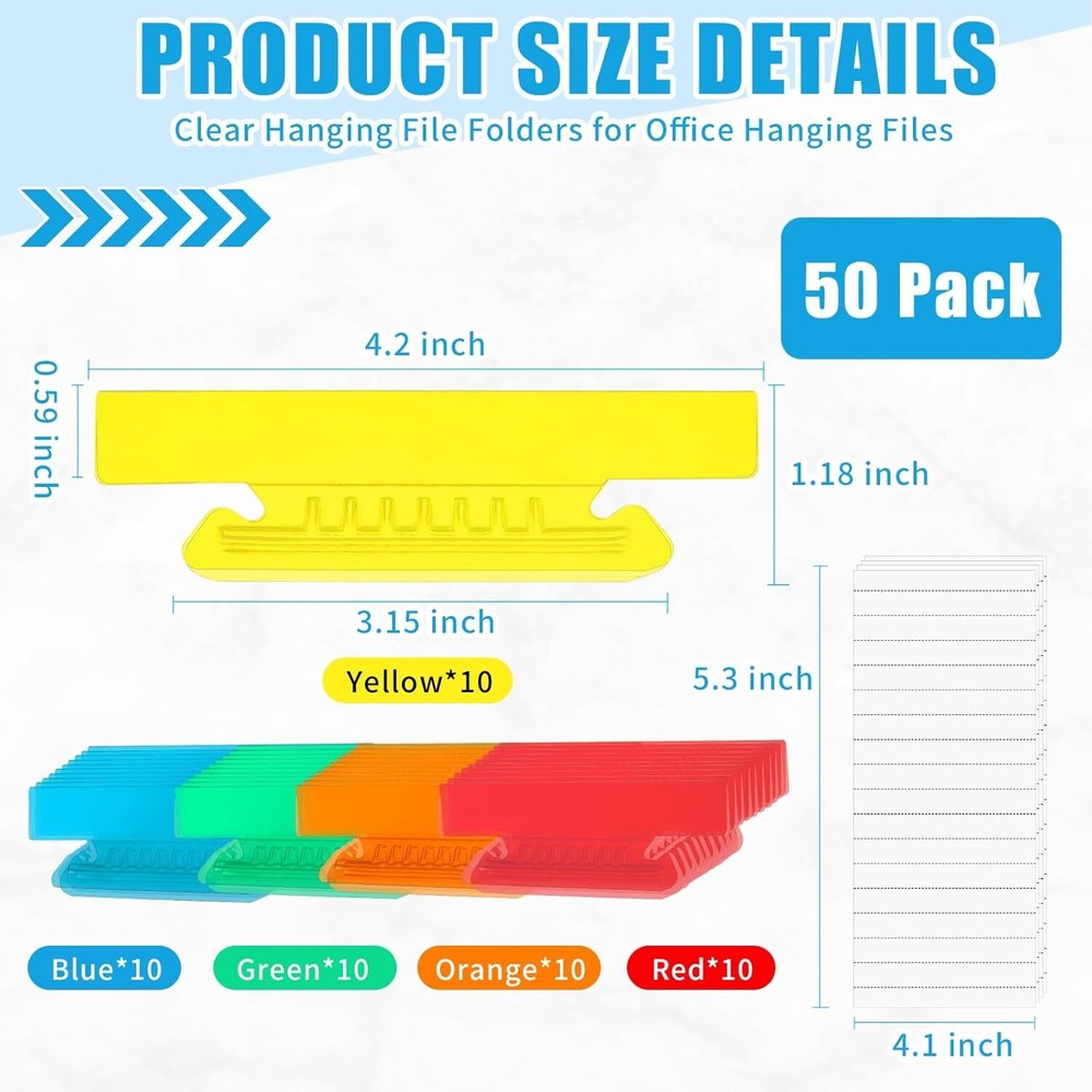 50 Pc 4-Inch Hanging File Folder Tabs Inserts Clear Plastic for Filing Labels