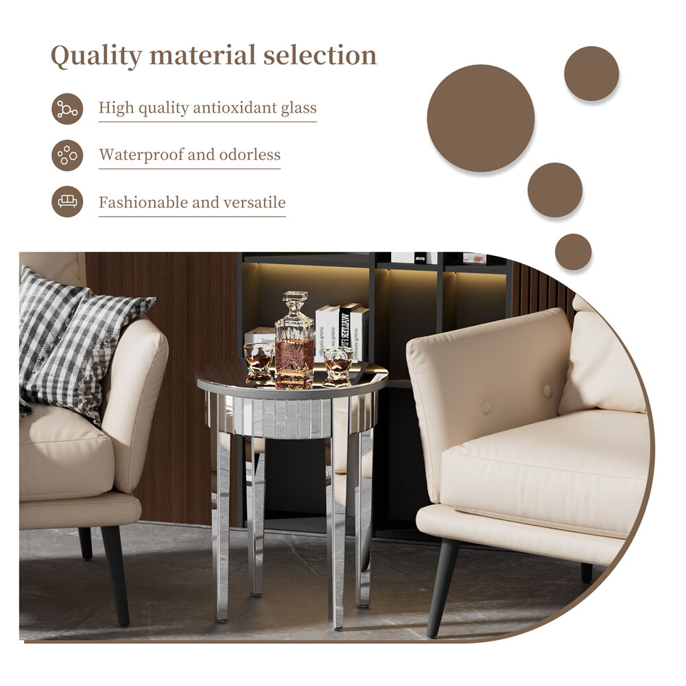 Modern Round Silver Mirrored Side Table Bedside Accent Table Silver-plated Glass