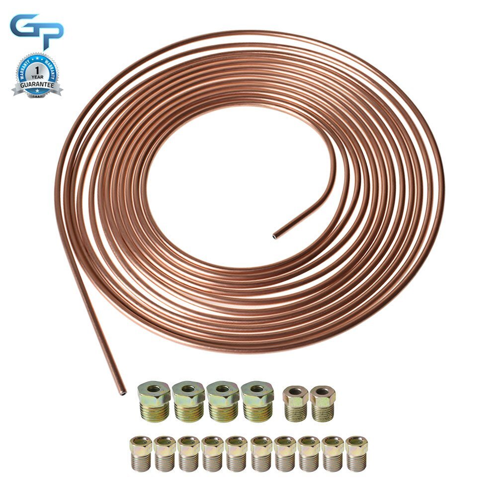 25 Foot Roll Coil of 3/16'' OD Copper Coated Brake Line Tubing Kit w/ 16 Fitting
