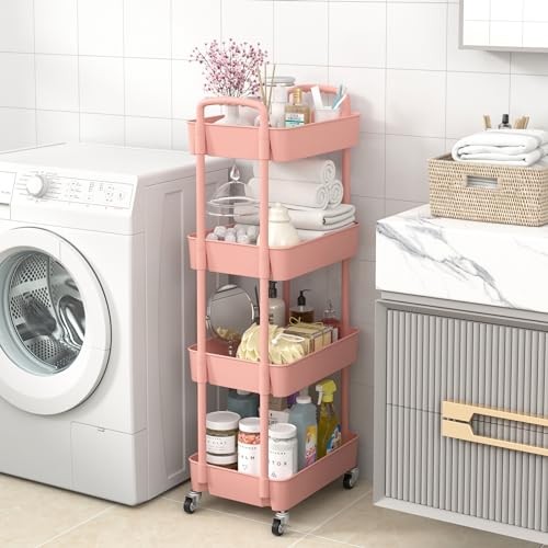 4-Tier Plastic Rolling Utility Cart with Handle, Multi-Functional 4-tier Pink