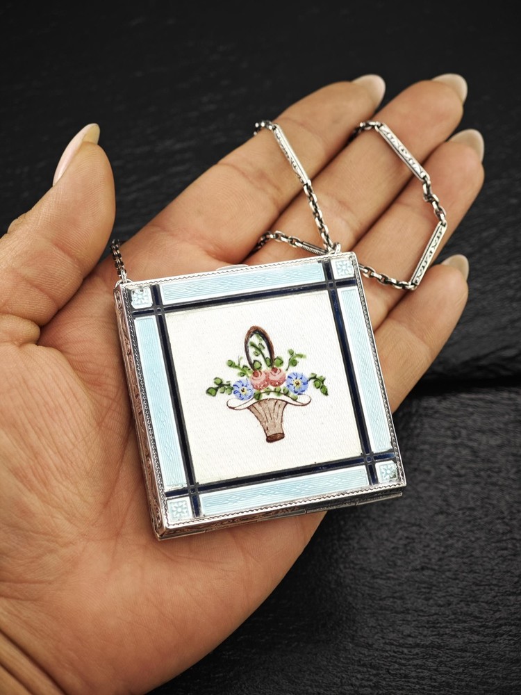 Antique Enamel Vanity Sterling Silver Compact