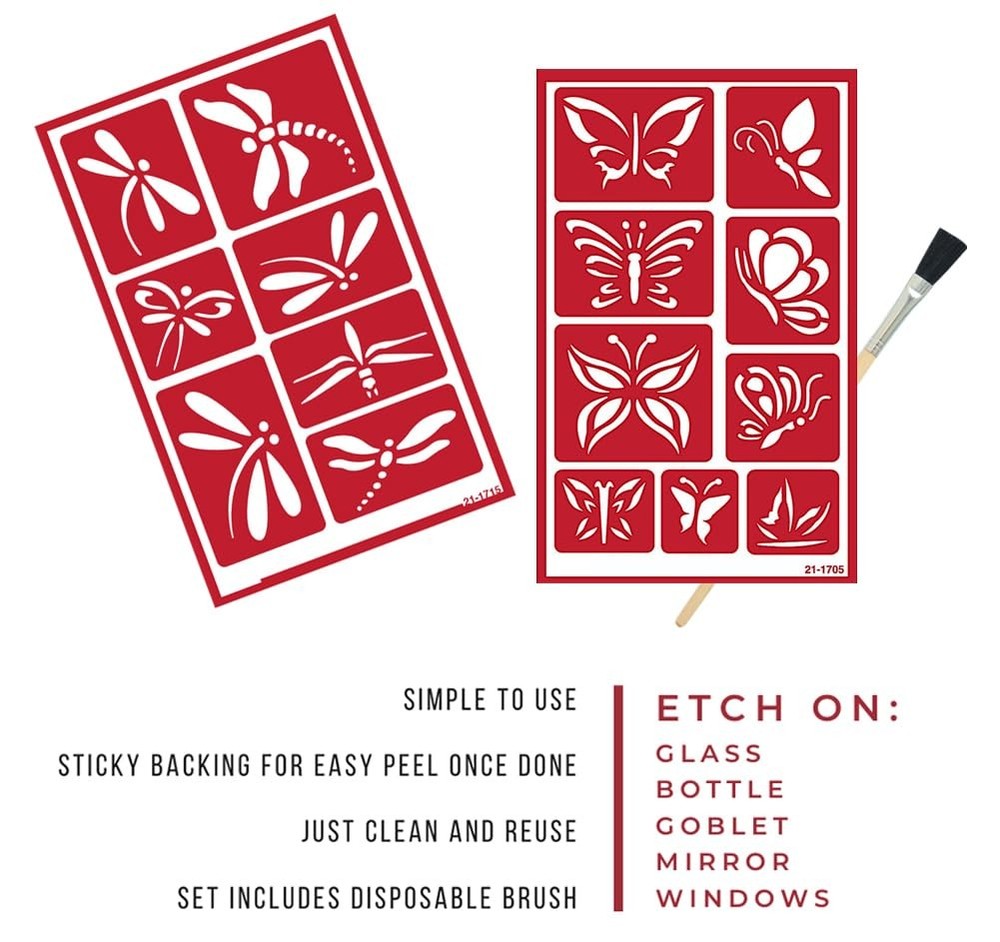 2 Reusable Glass Etching Stencils Set - Dragonfly, Butterfly Theme Stencil - ...