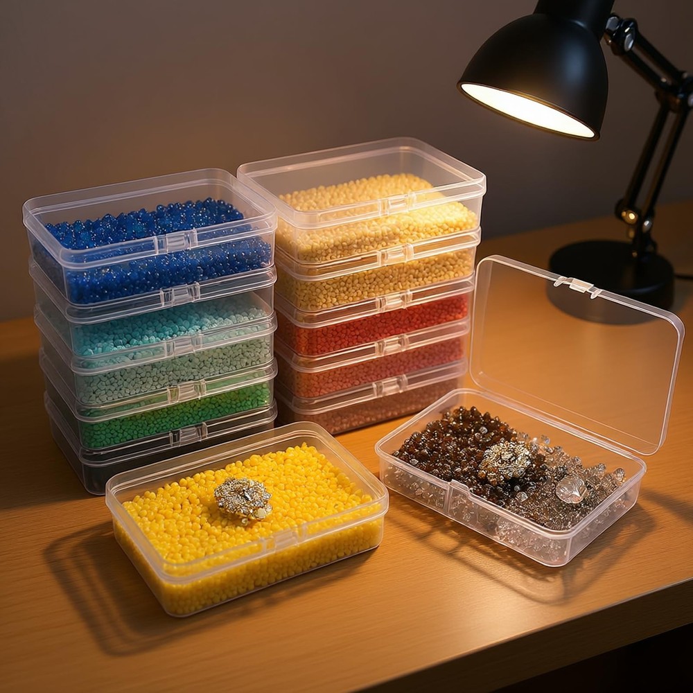 12 Pack Rectangular Clear Plastic Storage Containers with Hinged Lid for Bead...