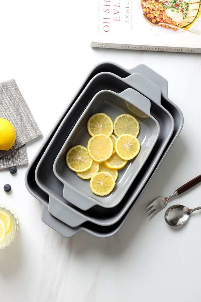Ceramic Baking Pan Set: 3 Piece Baking Pan Set with Handles Dishwasher Safe Gray