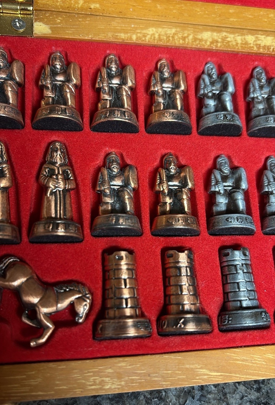Chess Travel Hinged Wood Board Metal Bronze Silver Pieces Set Small Mini
