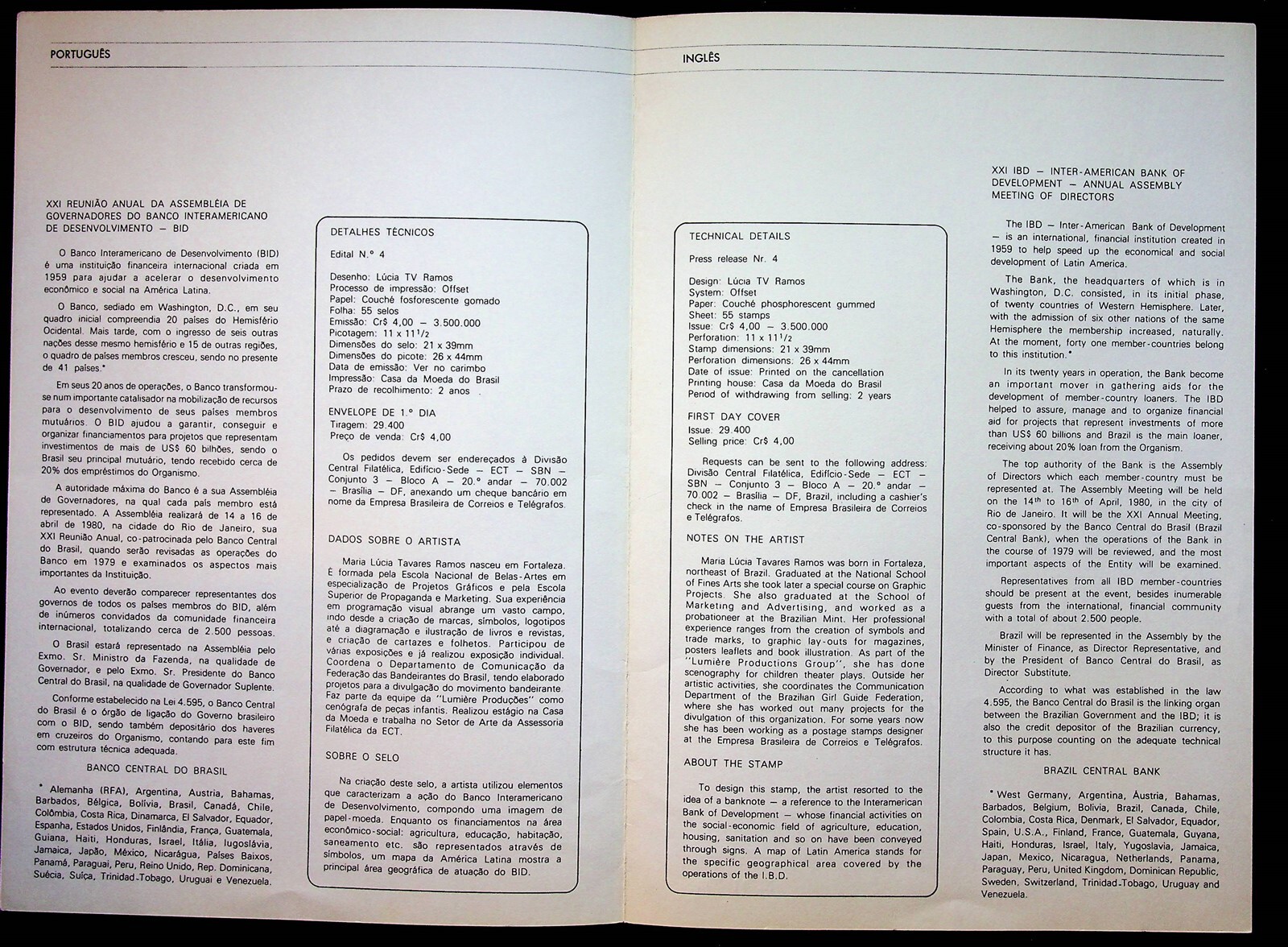 Inter-American Bank Of Development Brazil 1980 Block of 4 Stamps On Folder