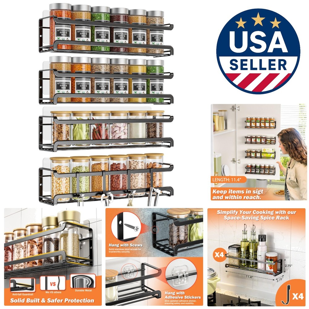 Elegant Wall-Mounted Spice Rack 4 Pack - Space-Saving Organizer for Jars