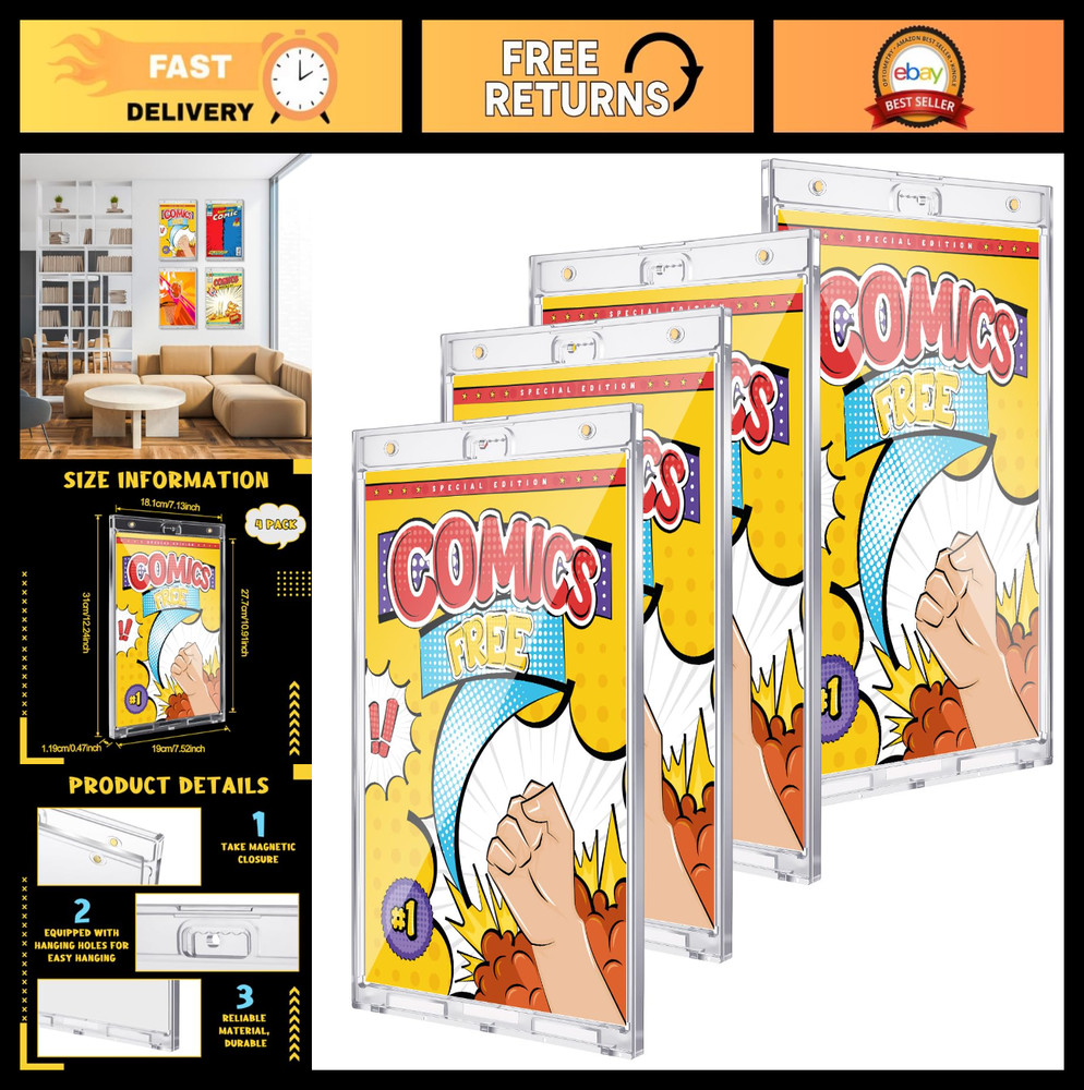 8 Pack Magnetic Comic Book Holders - Clear Display Cases, UV Protection, Wall Mo