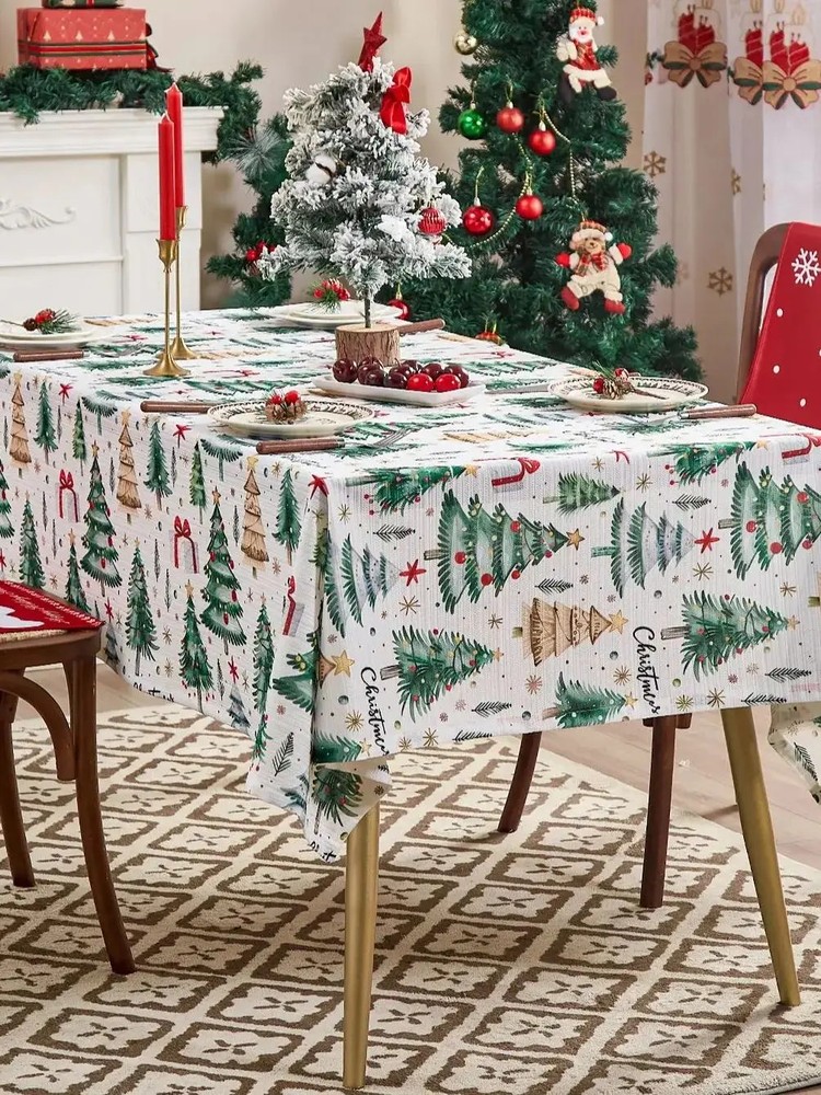 Christmas Tablecloth Rectangular, Winter Snow Trees White Washable Table Cover