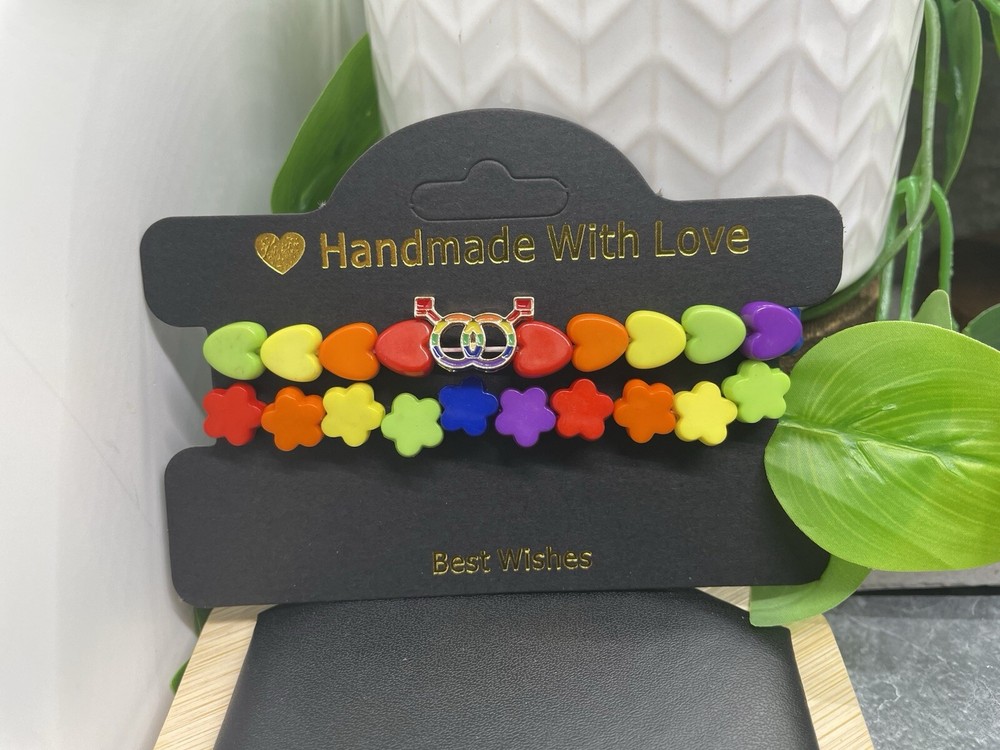 2 PC Handmade Rainbow Beaded Stackable 7” Plus Stretch Bracelet Set New B4860