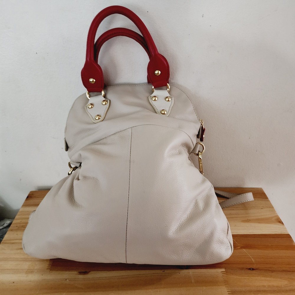 EMMA FOX Beige Red Soft Leather strap Replacements Foldover Handbag Purse