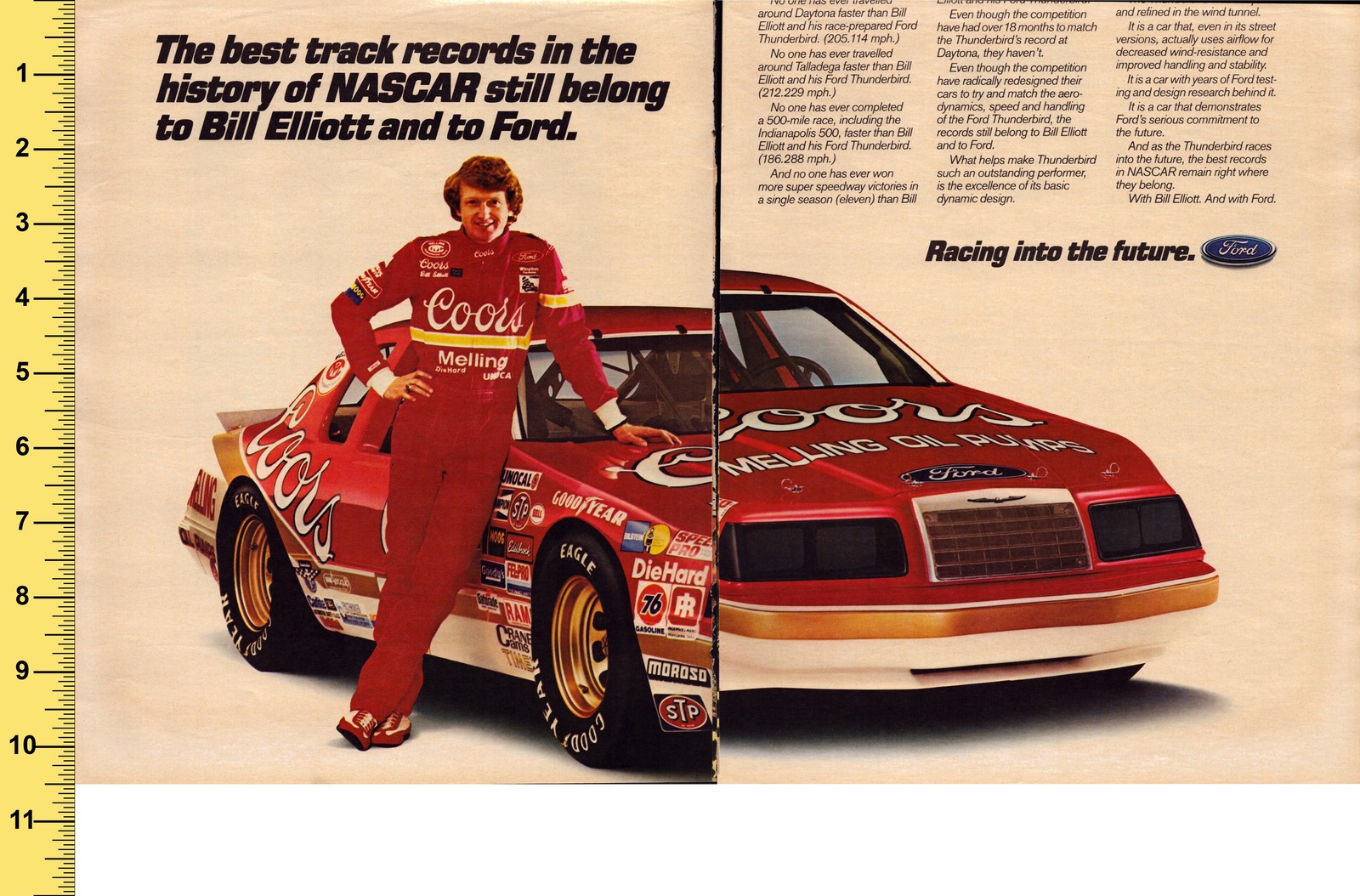 1980s Ford Thunderbird NASCAR Bill Elliott Coors Melling Vintage Print Ad Racing