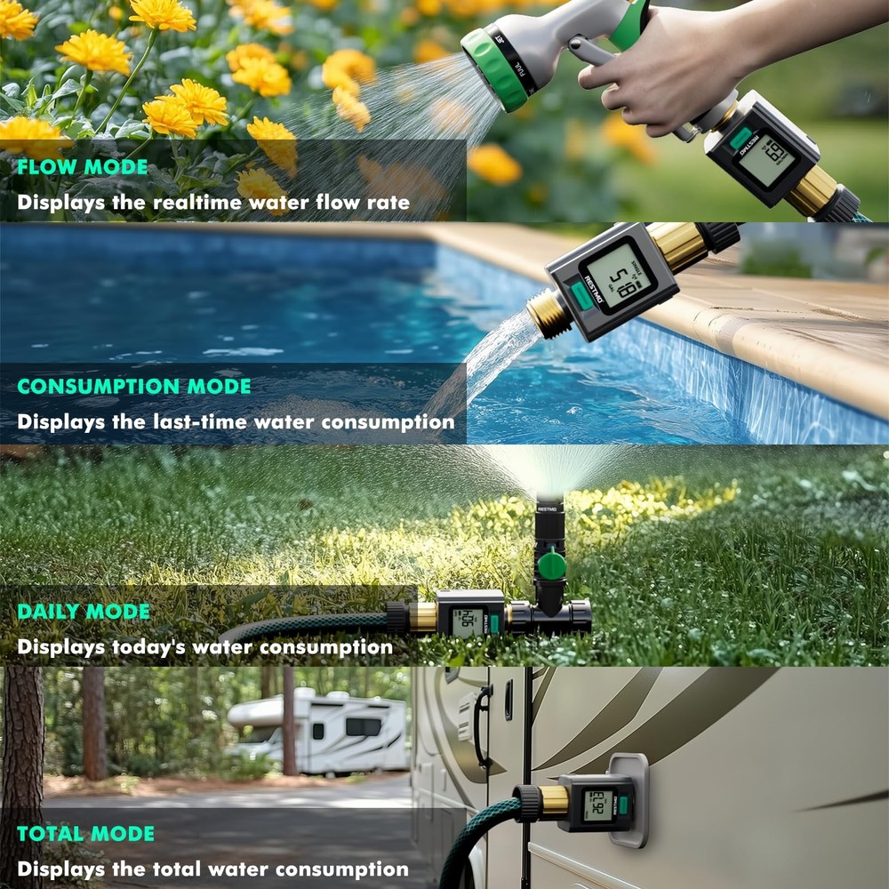 RESTMO Smart Water Flow Meter with Screen Backlight, Brass Inlet & Outlet, Me...