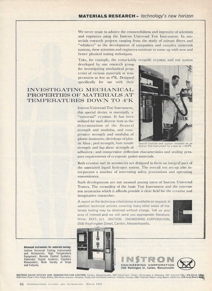 1964 Instron Engineering Print Ad ~ Materials Testing ~ Vintage Tech
