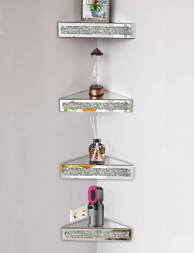 Mirrored Floating Corner Shelf, Silver Mirror Crushed Diamond Decorative Wall