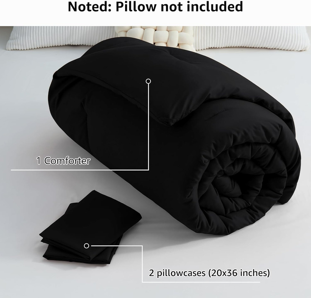 King Size Solid Comforter Set Black 1 Comforter & 2 Pillowcases Quilted Soft