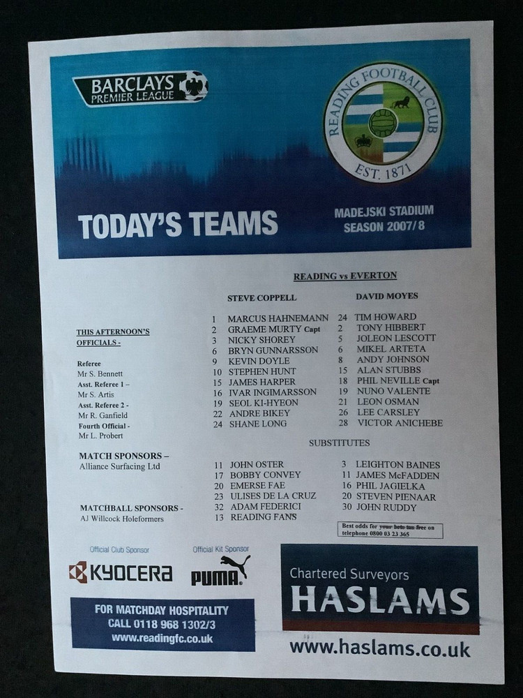 2007/8 Reading v Everton teamsheet