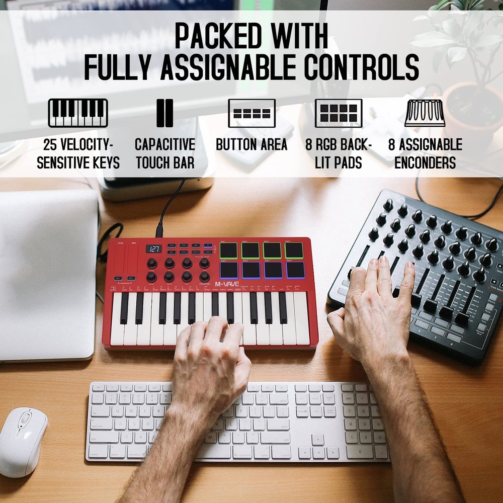 M-VAVE 25 Key USB MIDI Keyboard Controller With 8 Backlit Drum Compact, Red